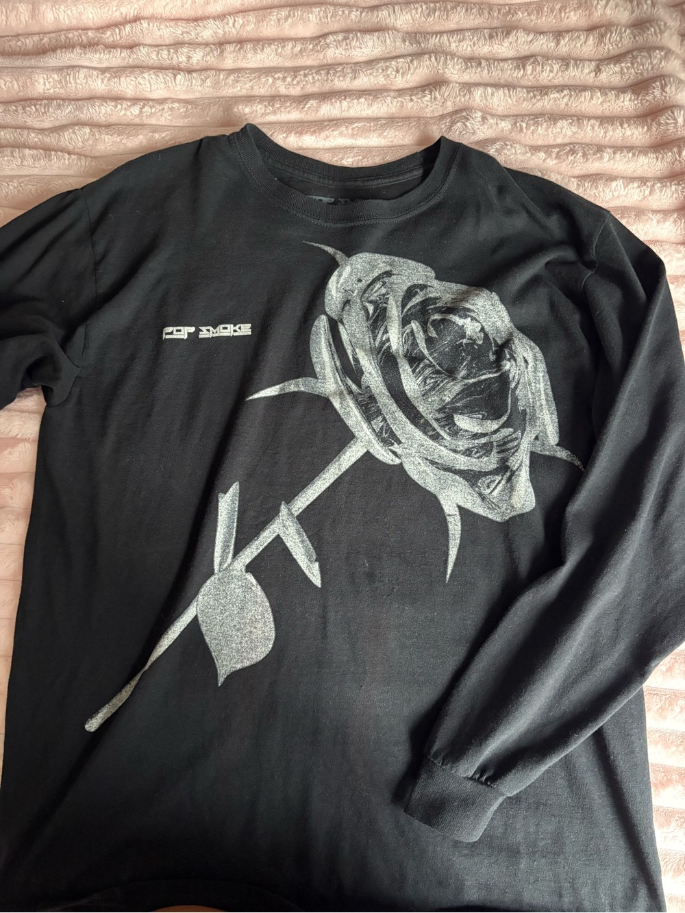 Black Long-Sleeve Graphic Shirt with Silver Rose Print Pop smoke